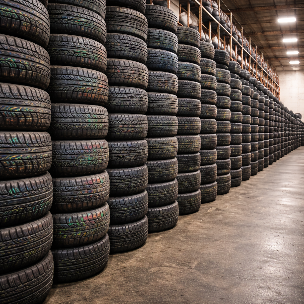 Neatly stacked Japanese used tires with size markings, demonstrating sorted inventory of wholesale car and truck tires.