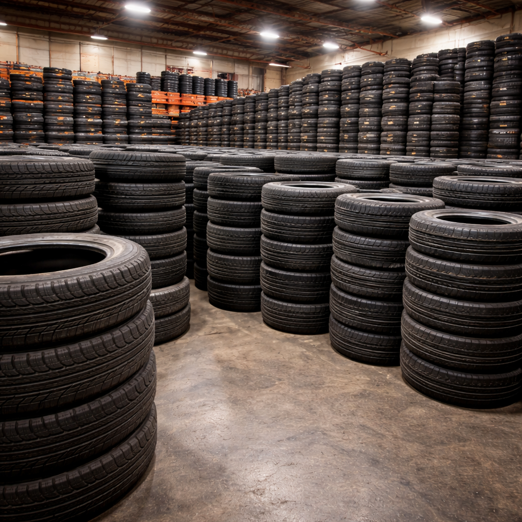 Bulk stock of Japanese used tires arranged in rows inside a warehouse, highlighting high-volume wholesale tire supply