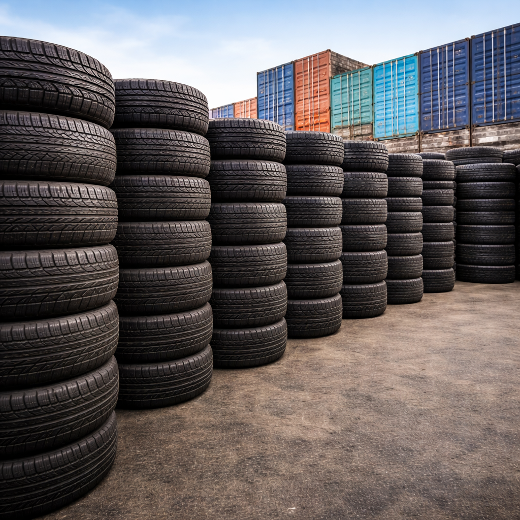 Outdoor storage yard with stacks of Japanese used tires in front of shipping containers, prepared for worldwide container shipment.